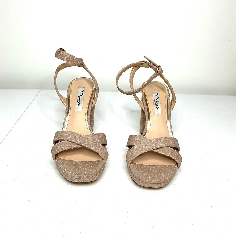 Nina Sheila Ankle Strap Platform Sandal Women Sz 7 Gold Sparkle Glam Wedding